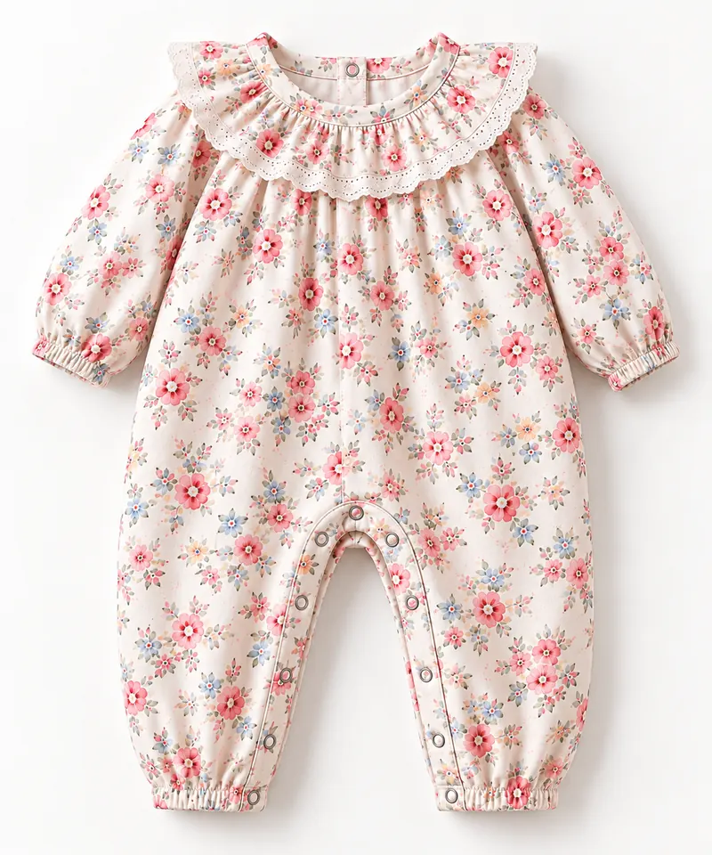 Long-sleeve baby romper in a small floral print with a wide ruffled collar