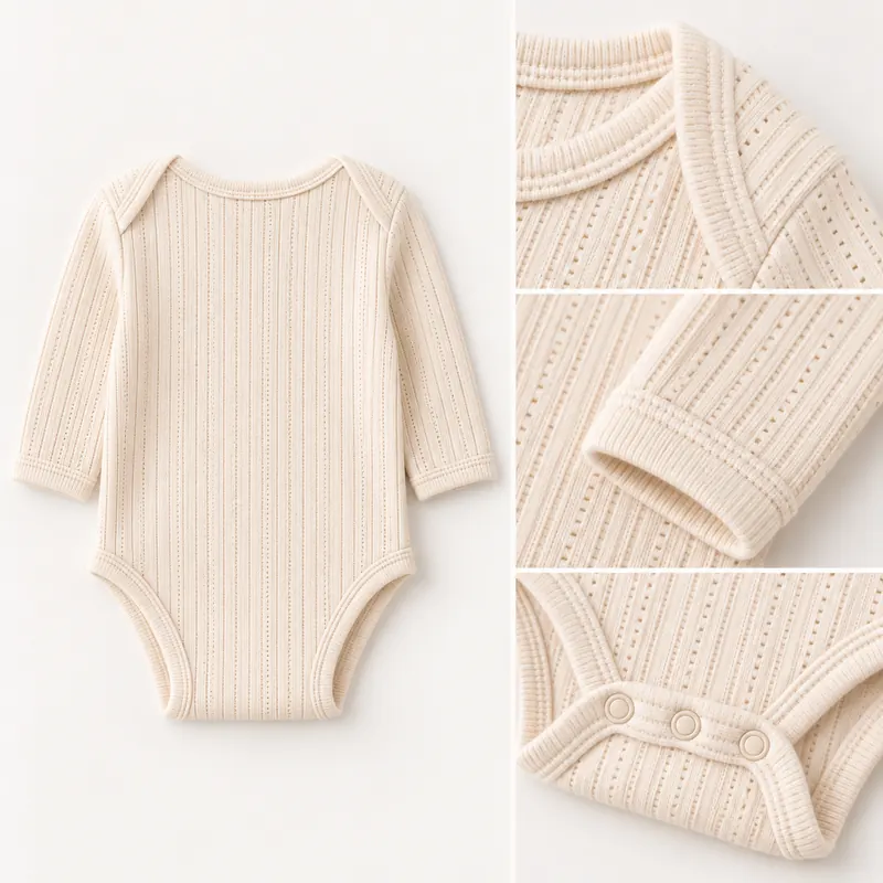 Cream pointelle-knit baby bodysuit with snap fastening