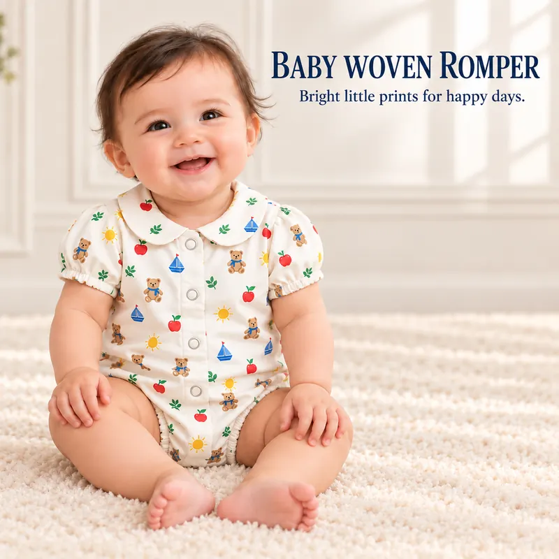 Short-sleeve baby romper in a novelty print with a rounded collar and snap opening