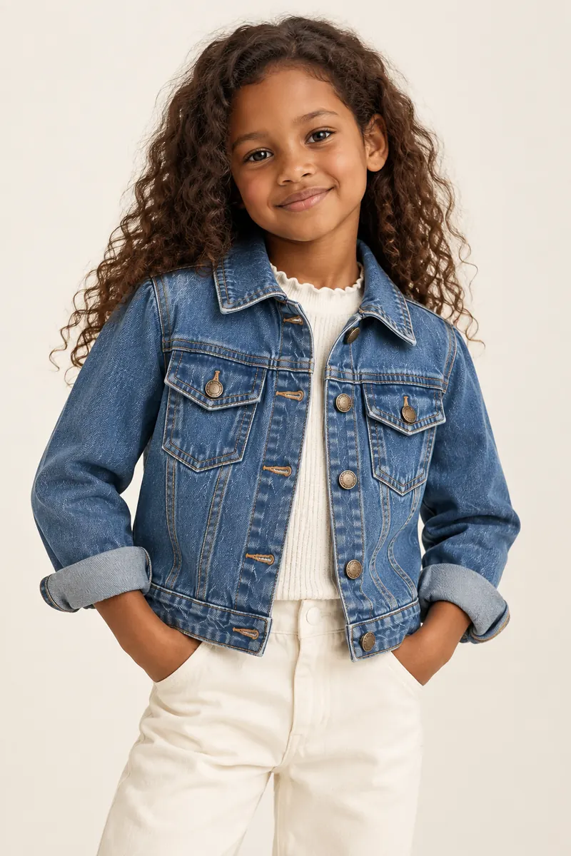 Children’s denim jacket with chest pockets and antique-finish buttons