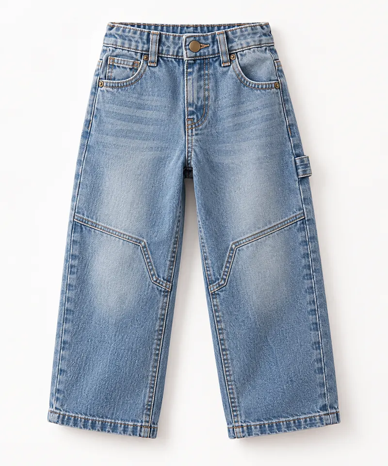 Light-wash children’s utility jeans with contrast stitching and a side tool loop