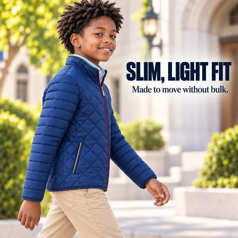 Children’s lightweight quilted puffer jacket with a stand collar and zip front