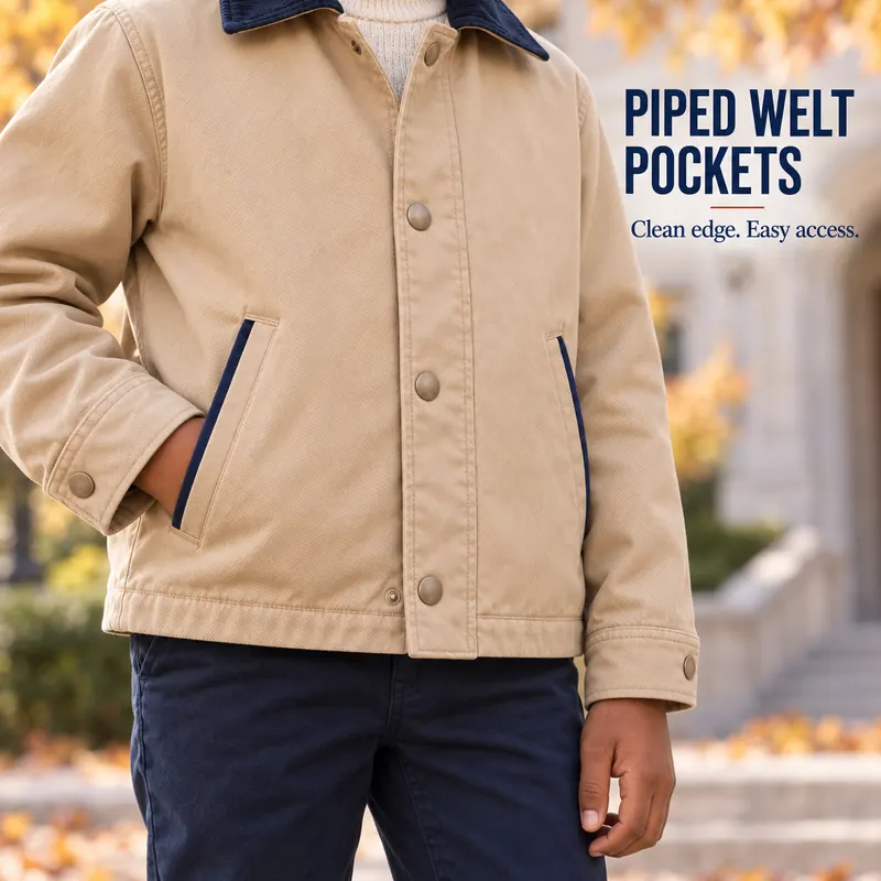 Children’s twill jacket with a contrast corduroy collar and chest embroidery