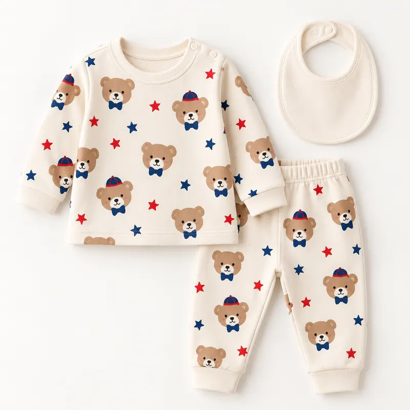 Two-piece children’s knit set in a bear and star print, shown with a matching bib
