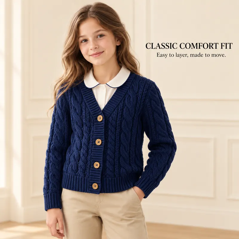 Navy cable-knit cardigan worn with a collared blouse and tailored trousers