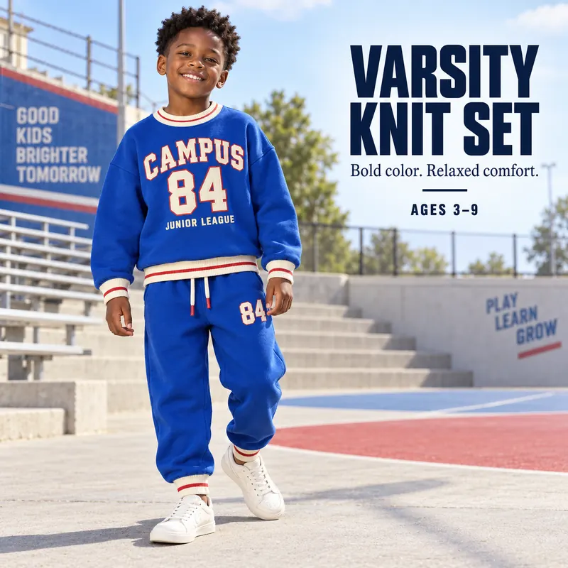 Two-piece children’s knit set in blue with a varsity-style print and striped ribbing