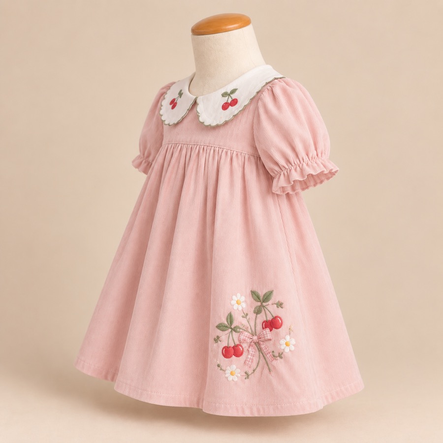 Cherry-Embroidered Corduroy Dress